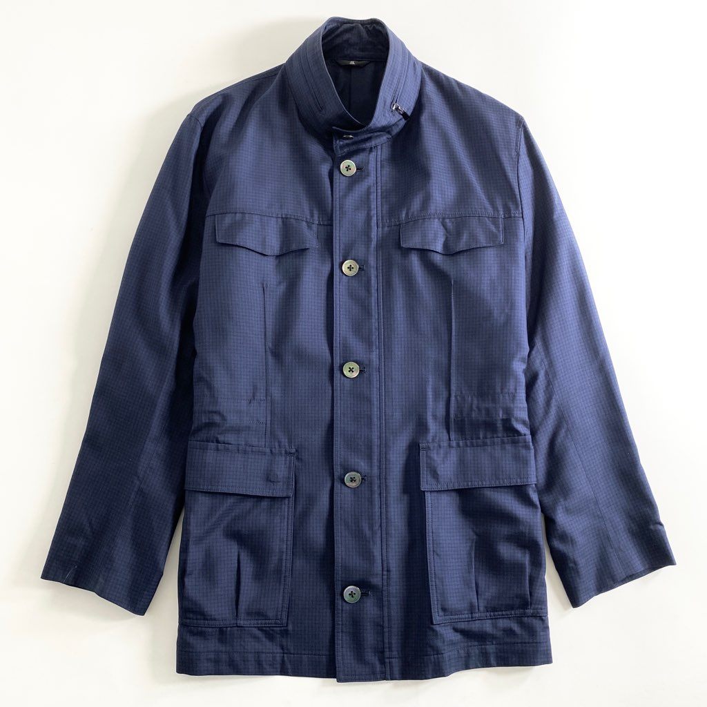 57b12-2 《美品》 大きいサイズ LANVIN COLLECTION ランバン コレクション スタンドカラージャケット ブルゾン 収納フード付き サイズ50 ネイビー シルク100% メンズ