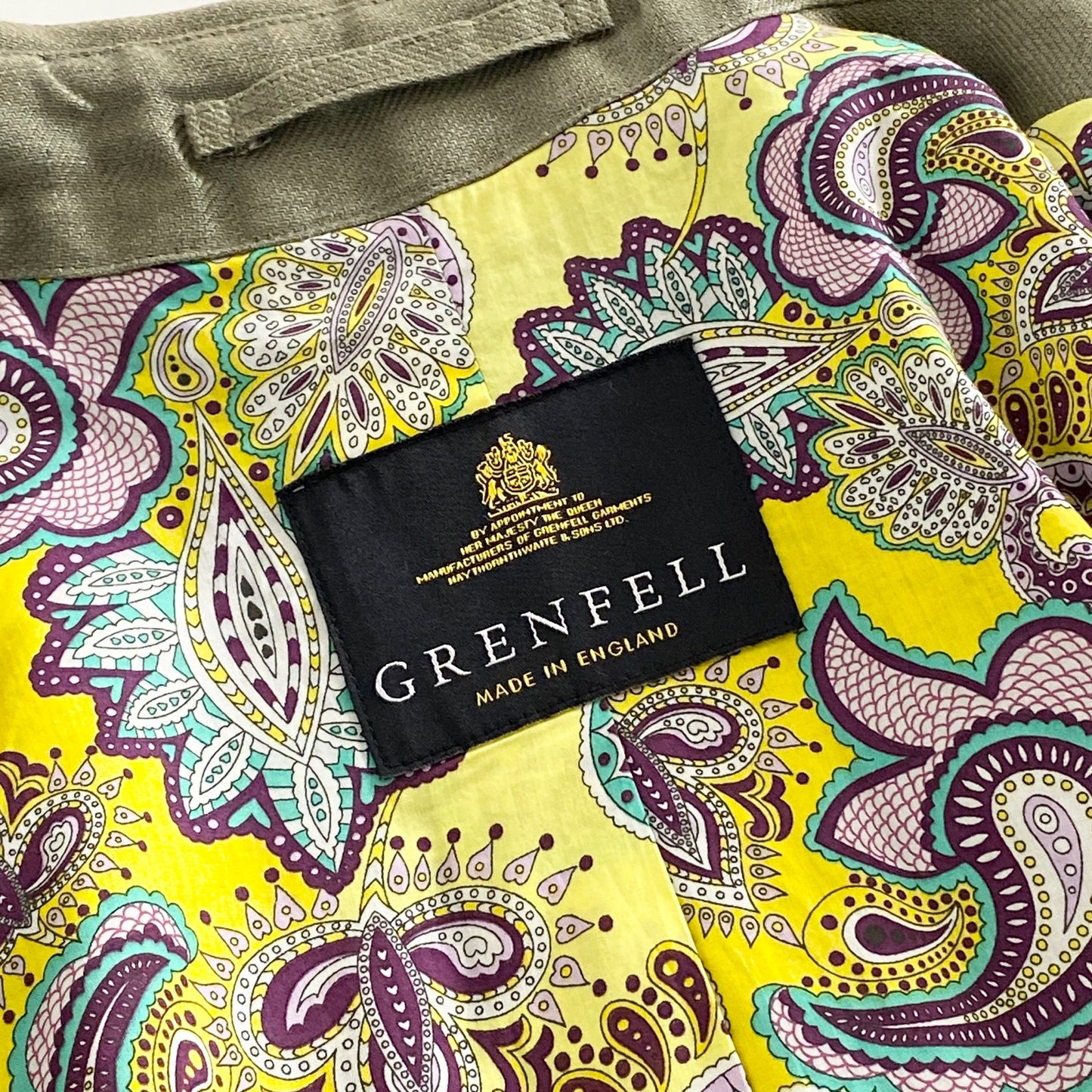53a31 英国製 GRENFELL グレンフェル トレンチコート スプリングコート ベルテッドコート 裏地ペイズリー柄 36 カーキ リネン100% レディース 女性用 春