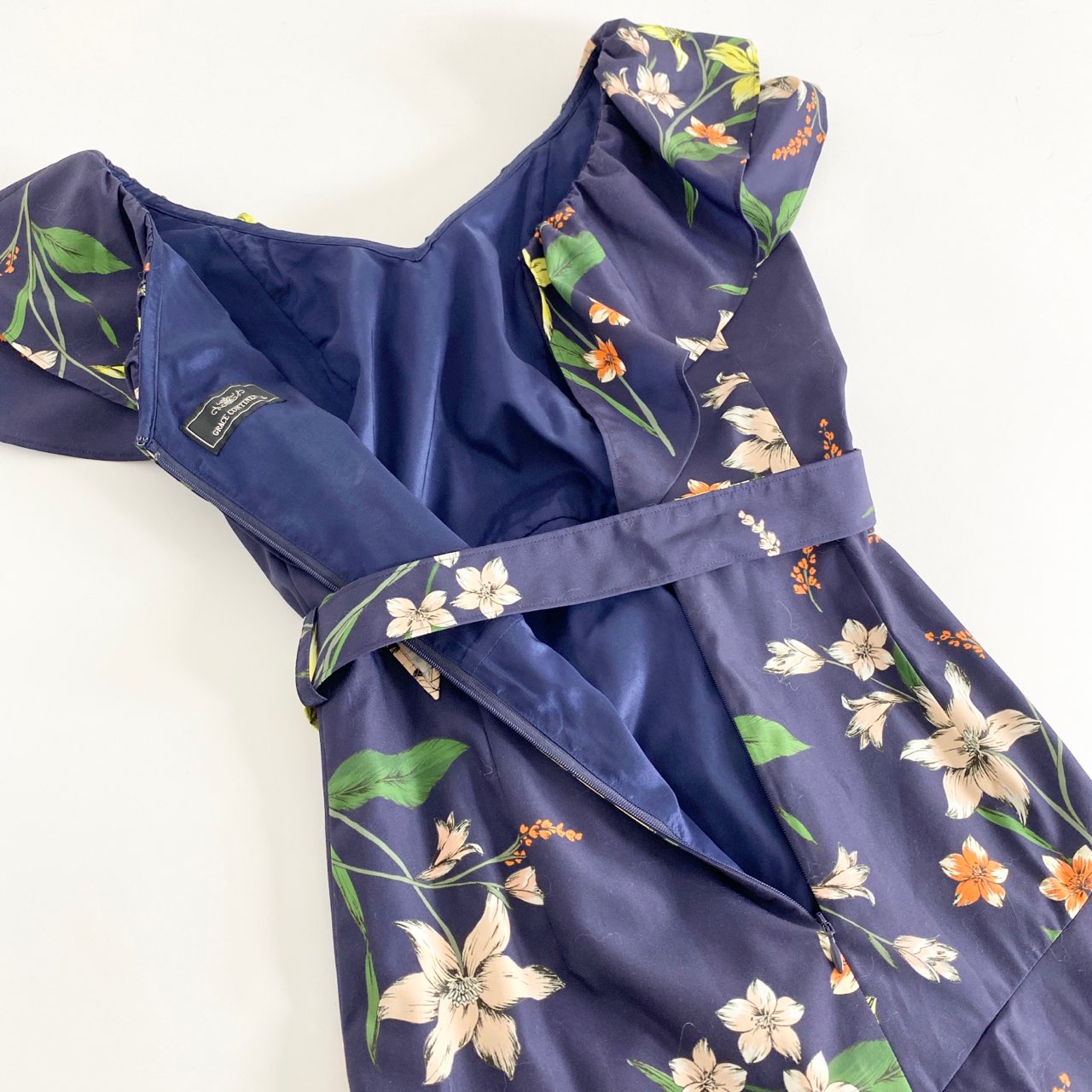 33A14 GRACE CONTINENTAL グレースコンチネンタル ノースリーブフラワープリントフリルドレス 36 ネイビー ワンピース 花柄 春夏