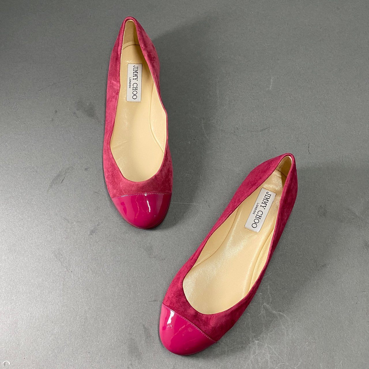 2b9 JIMMY CHOO ジミーチュウ イタリア製 GAZE FLAT フラット パンプス シューズ 35 パープル スエード パテントレザー MADE IN ITALY バレエシューズ 秋