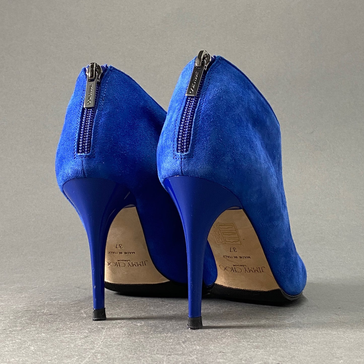 2a28 JIMMY CHOO ジミーチュウ イタリア製 144MENDEZ バックジップ ヒール ブーティ シューズ 37 ブルー スエード レザー MADE IN ITALY