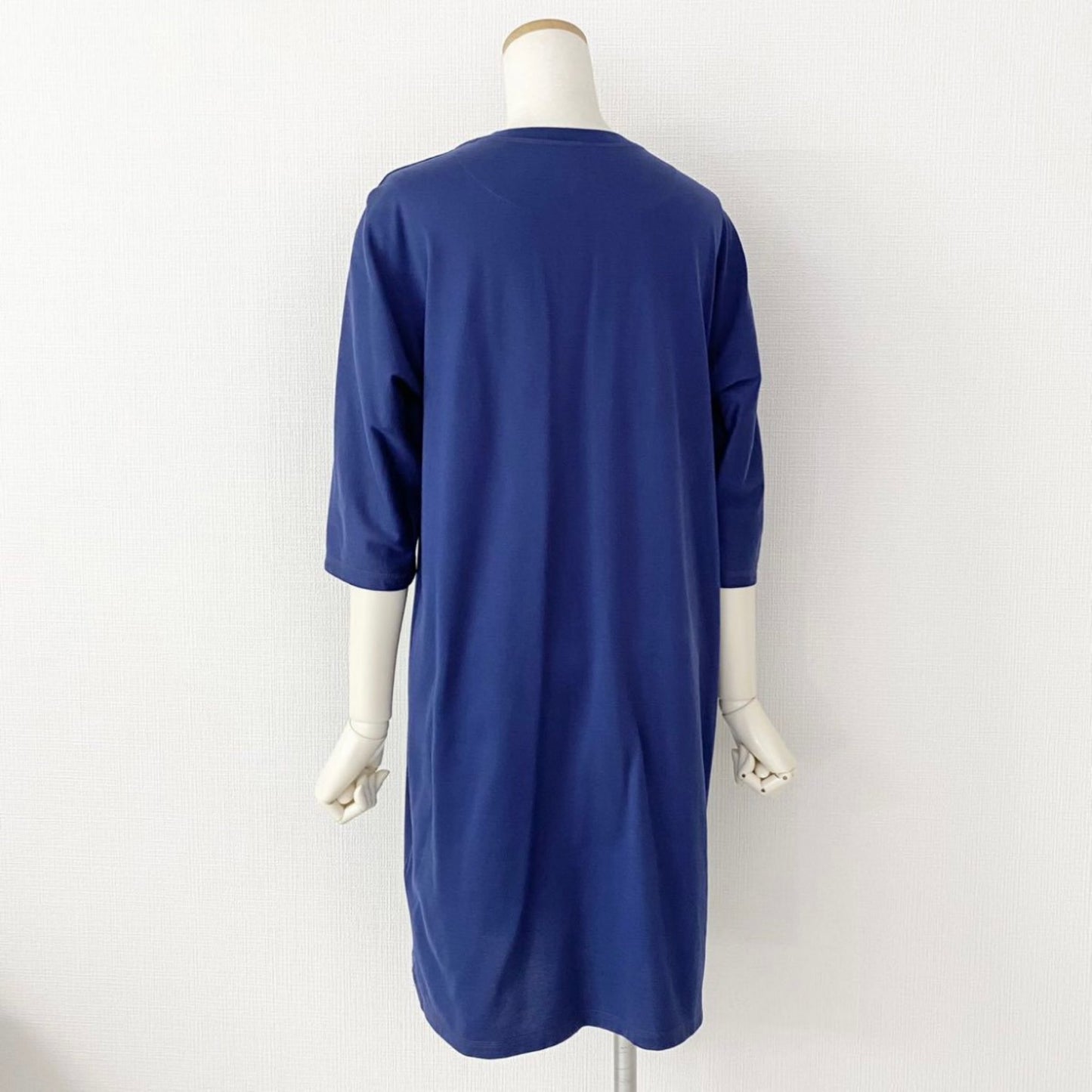 56i16 2021年製 HERMES エルメス カットワンピース Tシャツワンピース 膝丈ワンピース 5分袖 サーベル刺繍ポケット 16-7715 サイズ34 ブルー コットン