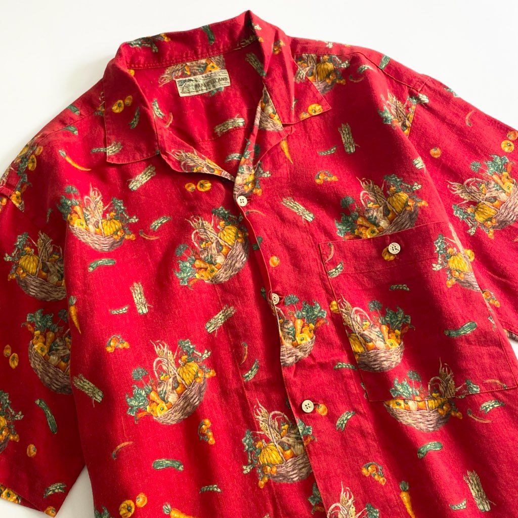 22b25-2 Papas パパス リネン アロハシャツ L レッド LINEN ALOHA SHIRT HAWAII ハワイ 半袖 オープンカラー