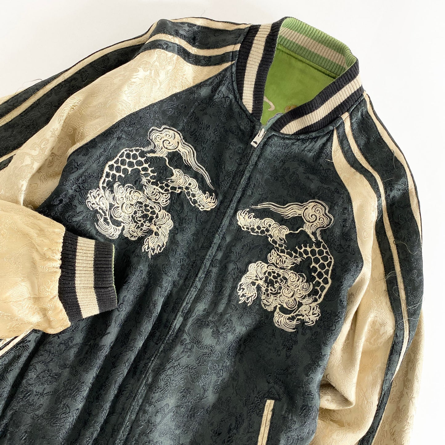 49L15 花旅楽団 リバーシブルスカジャン S ブラック グリーン 和柄 刺繍 横須賀 ジャケット ブルゾン 羽織
