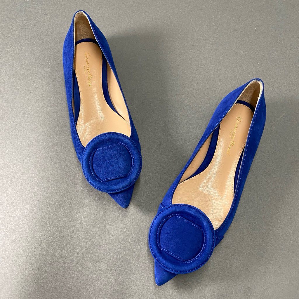 2b24 イタリア製 Gianvito Rossi ジャンヴィトロッシ フラットパンプス フラットシューズ ポインテッドトゥ 36 ブルー スエード レディース