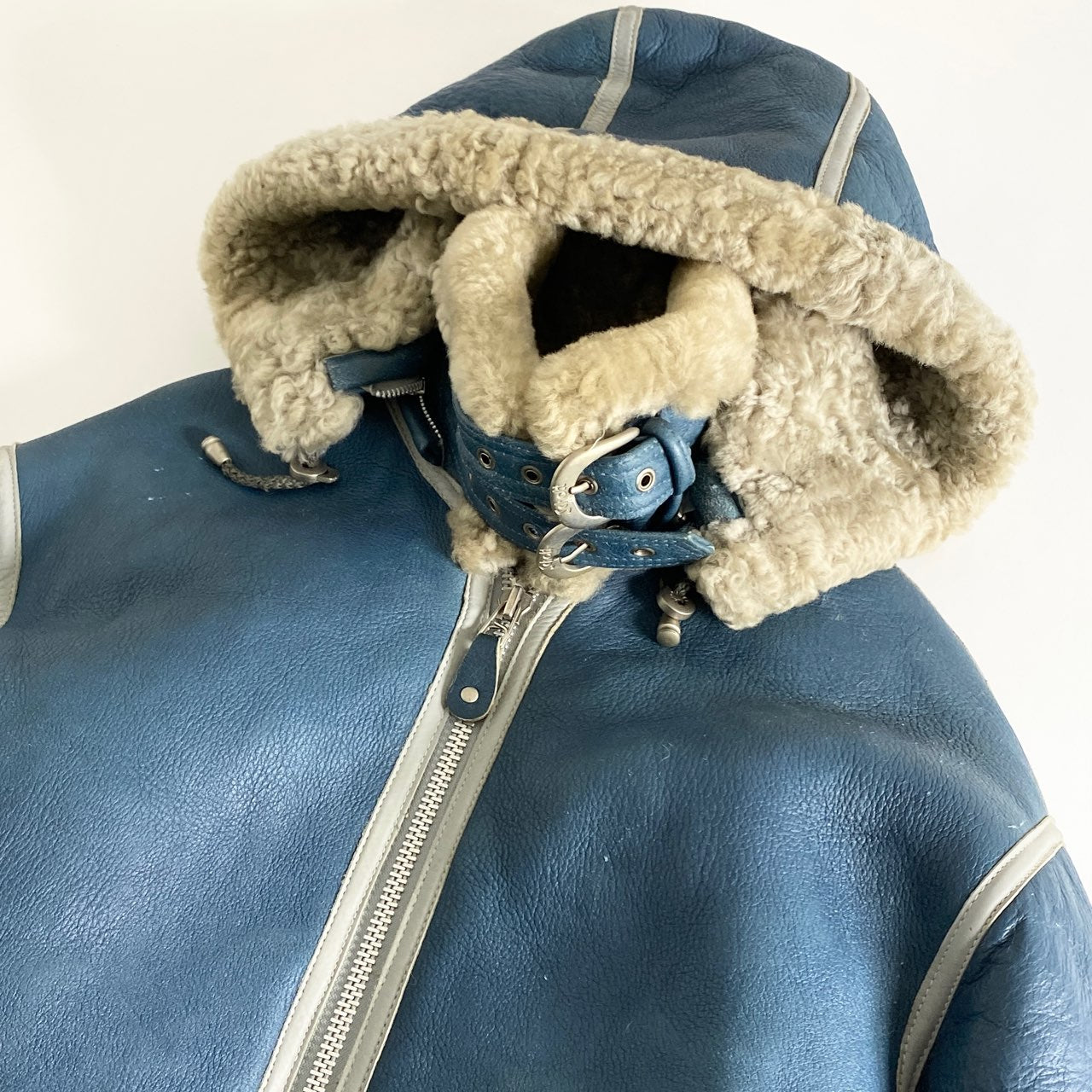 14a29 BEN DAVIS ベンデイビス × Schott ショット 世界150着限定 ムートンコート レザーコート リアルムートン 羊革 フード取り外し可能 40 ブルー メンズ 紳士服