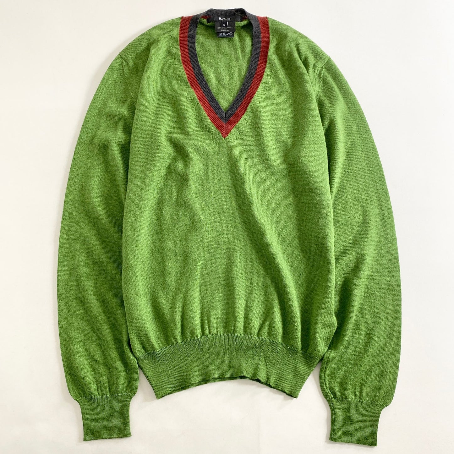 1L5《伊製》GUCCI グッチ ハイゲージニット ニットセーター メンズ Vネック スクールニット S グリーン キャメル50%シルク50%