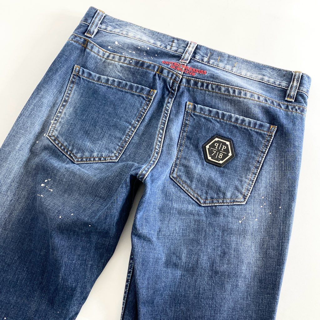 58b13 PHILIPP PLEIN フィリッププレイン ヴィンテージ加工 デニムパンツ ジーンズ 32 インディゴ ペンキ加工 DENIM PANTS
