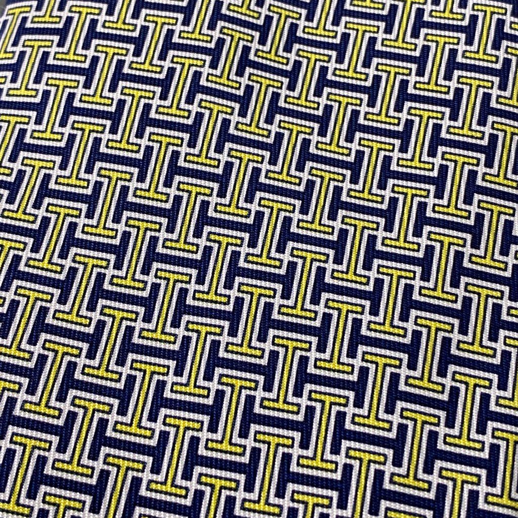 39b6-3 HERMES エルメス Hロゴ シルクネクタイ ビジネス イエロー ネイビー フォーマル SILK フランス製 5437FA