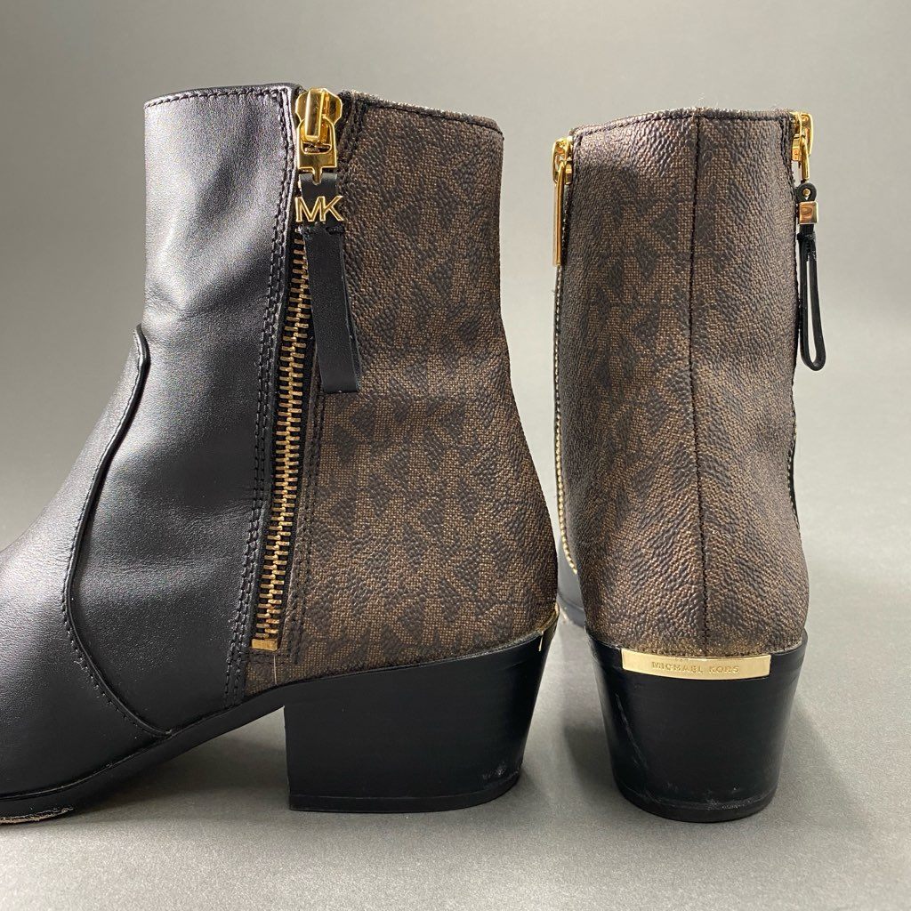 2b24 MICHAEL KORS マイケルコース サイドジップブーツ ヒールブーツ シューズ ジップアップ モノグラム柄 7M ブラック ブラウン レザー PVC