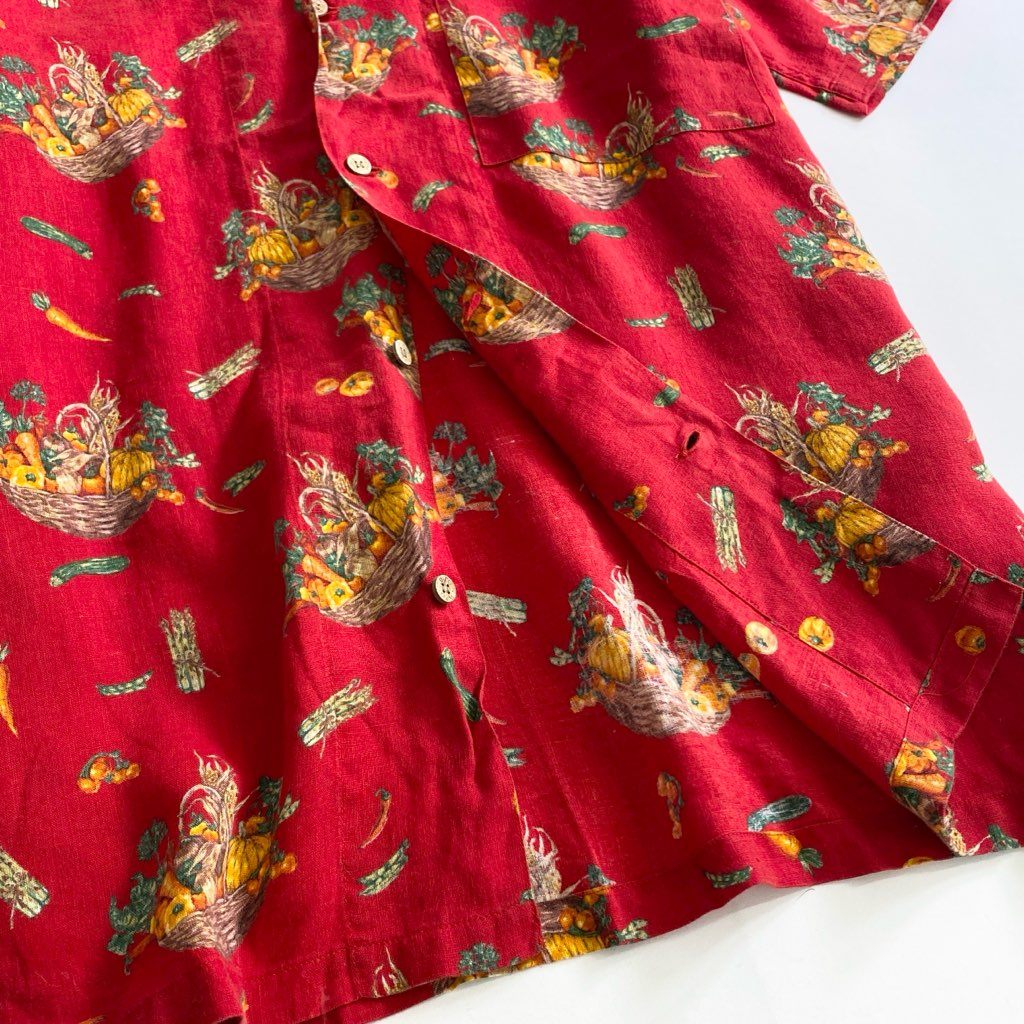 22b25-2 Papas パパス リネン アロハシャツ L レッド LINEN ALOHA SHIRT HAWAII ハワイ 半袖 オープンカラー