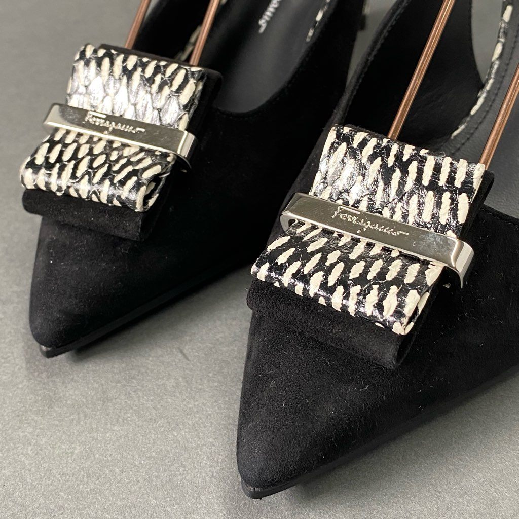 8b29 《極美品》 Salvatore Ferragamo サルヴァトーレ フェラガモ Willis ウィリス スエード ミュール パンプス 6 1/2 ブラック VARA ヴァラ イタリア製 シューズ