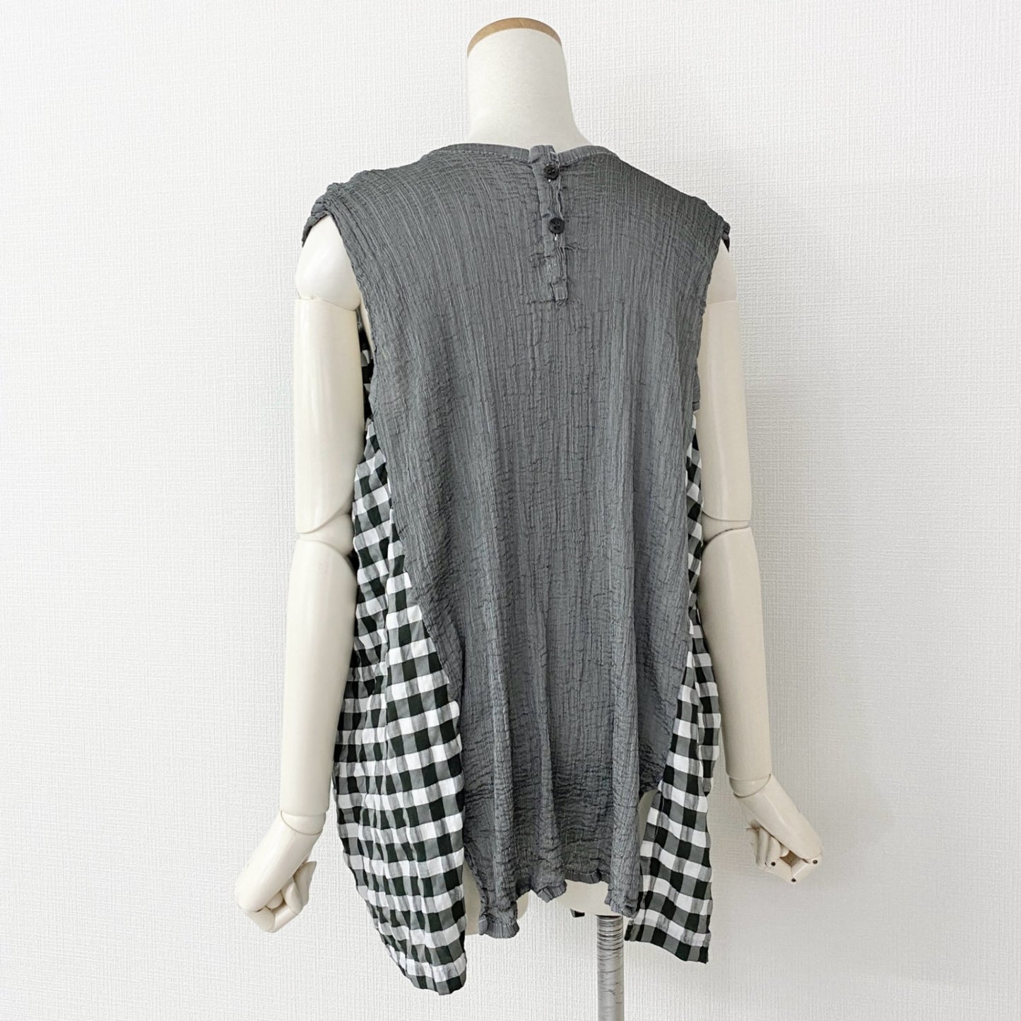 35c14 me ISSEY MIYAKE ミー イッセイミヤケ MI33FK411 ノースリーブ 切替 チュニック トップス カットソー チェック柄 グレー ストレッチ