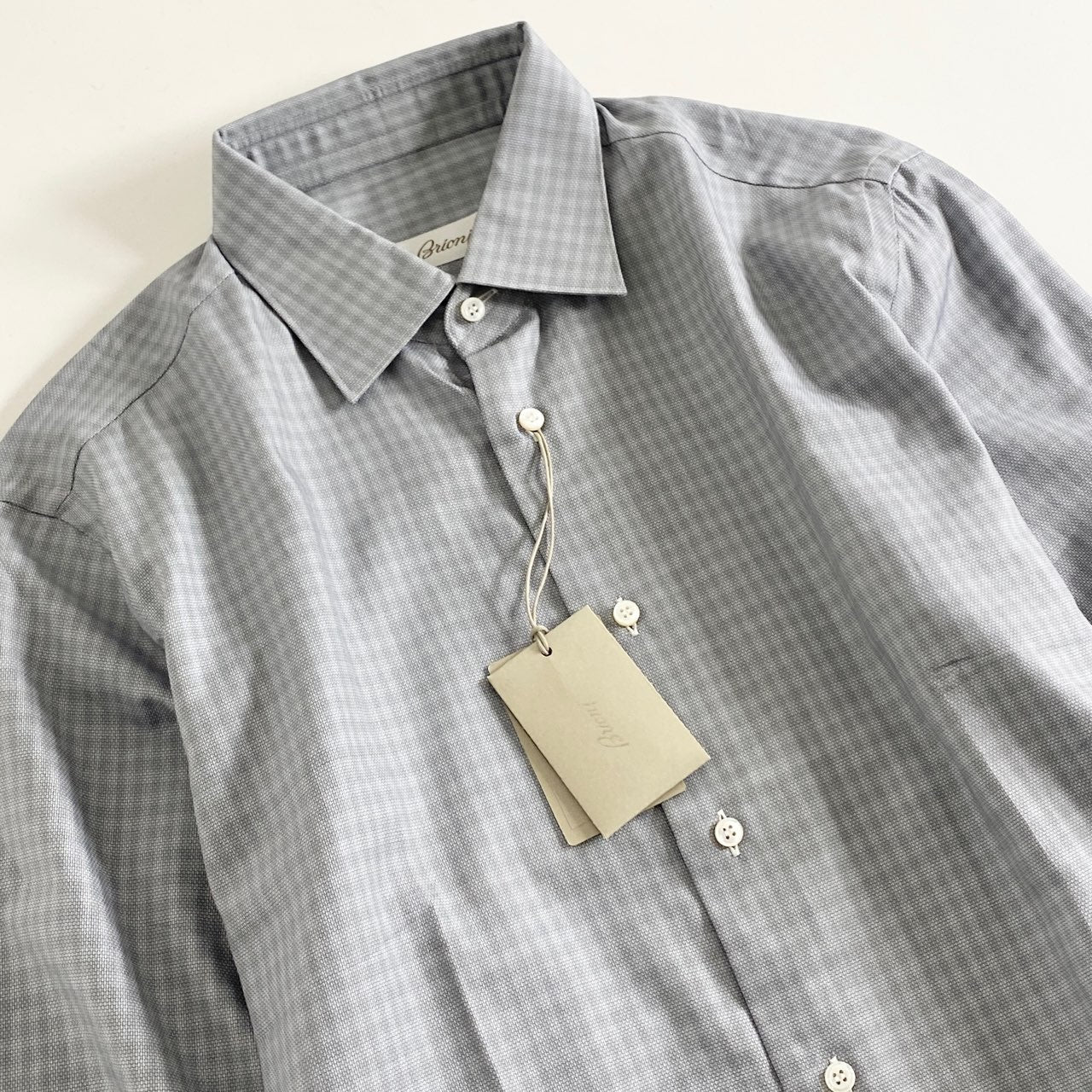 54A16 《極美品》 タグ付 イタリア製 Brioni ブリオーニ 長袖シャツ ドレスシャツ チェック柄 41 グレー ブルー クラシックシャツ CLASSIC SHIRT シェルボタン ロングスリーブ 春