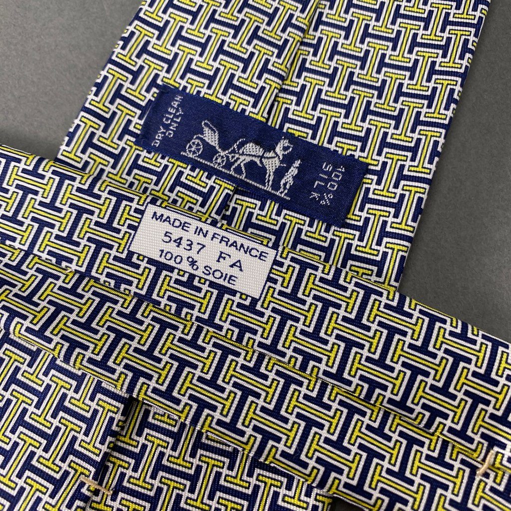 39b6-3 HERMES エルメス Hロゴ シルクネクタイ ビジネス イエロー ネイビー フォーマル SILK フランス製 5437FA