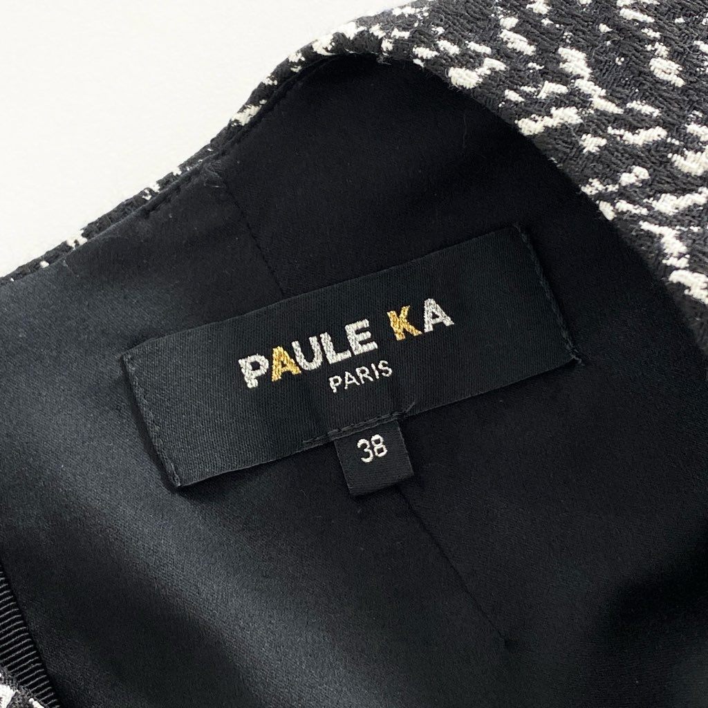 8c7 PAULE KA ポールカ ヘリンボーン風 ノースリーブワンピース ドレス 38 ブラック ホワイト バックジップ ルーマニア製 秋