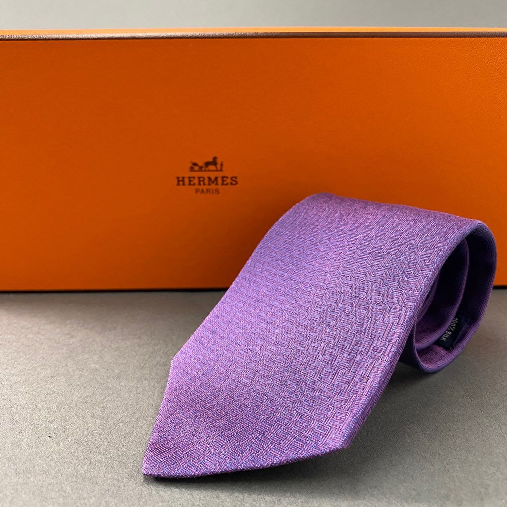 b6-14 HERMES エルメス 刺繍 シルクネクタイ ビジネス フォーマル 編み込みプリント 428858T02 パープル シルク100% SILK フランス製
