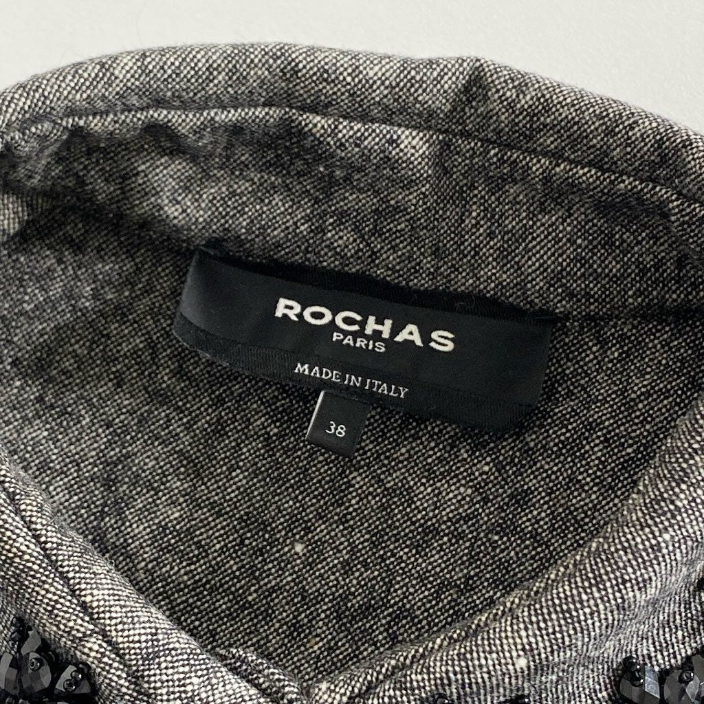 25c6 ROCHAS ロシャス イタリア製 ビジュー 長袖ワンピース ドレス ギャザースカートシャツワンピ 38 グレー ウール MADE IN ITALY
