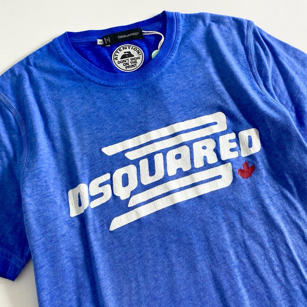 51c3 《新品》 DSQUARED2 ディースクエアード ヴィンテージ加工 ロゴプリント Tシャツ XS ブルー カットソー TEE イタリア製