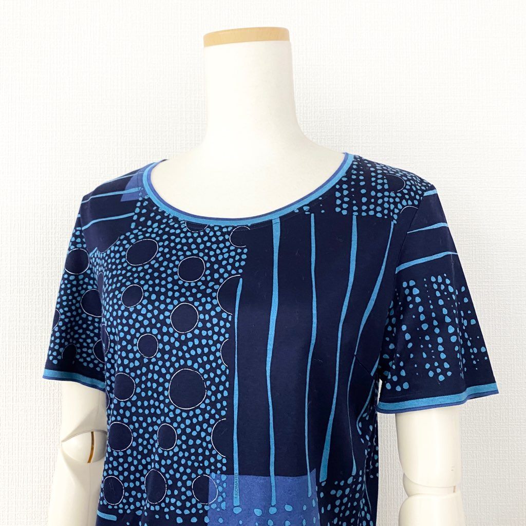 8b5-2 LEONARD レオナール 半袖Tシャツ カットソー ドット ストライプ柄 L ネイビー コットン100% レディース