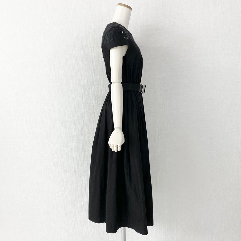14e29 18年製 FENDI フェンディ コットンタフタワンピース 半袖 ロング丈 柄刺繍 ロゴベルト付き サイズ38 ブラック レディース 正規品