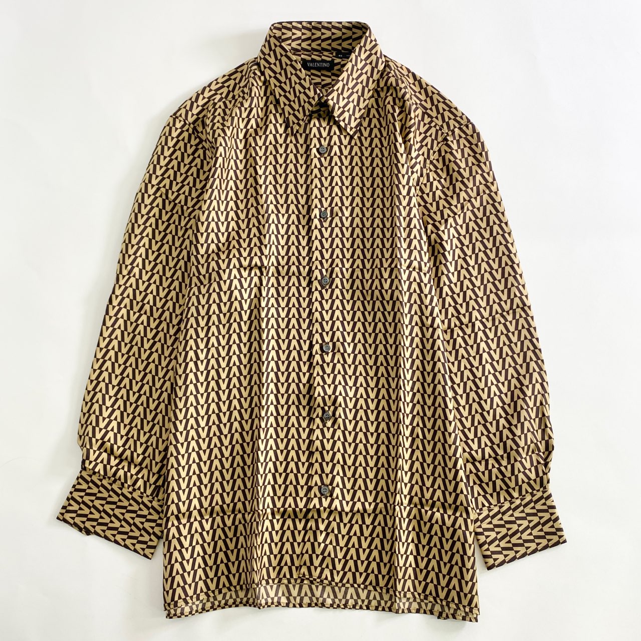 66L7《美品》イタリア製 VALENTINO ヴァレンティノ 総柄シルクシャツ 41 ブラウン ゴールド silk100% ヴィンテージ レトロ