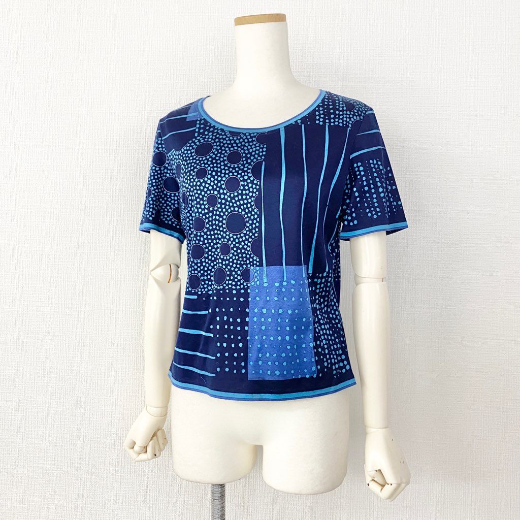 8b5-2 LEONARD レオナール 半袖Tシャツ カットソー ドット ストライプ柄 L ネイビー コットン100% レディース