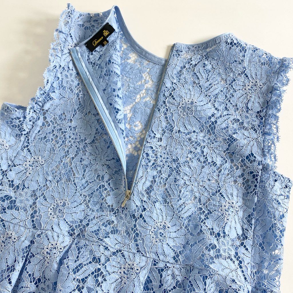 69c10 Drawer ドゥロワー 刺繍 フラワーレーストップ 38 ブルー バックジップ ブラウス 日本製 UNITED ARROWS ユナイテッドアローズ