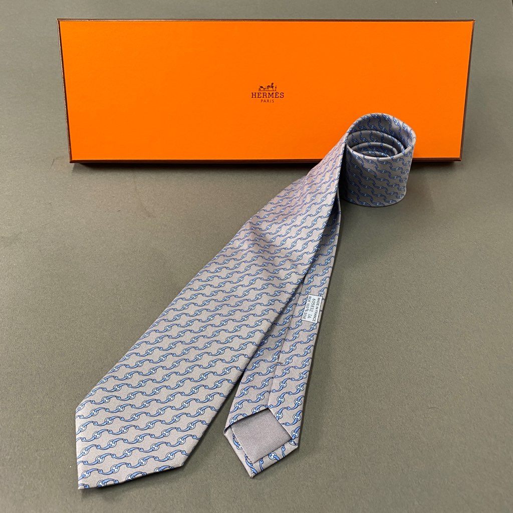 39b6-12 HERMES エルメス 総柄 シルクネクタイ ビジネス フォーマル SILK フランス製 605832 IA グレー ブルー シルク100%