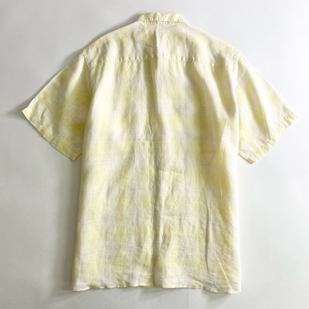 22b25-3 Papas パパス 日本製 リネン 半袖シャツ L イエロー LINEN SHIRT ショートスリーブ ワンポイントロゴ チェック柄 MADE IN JAPAN