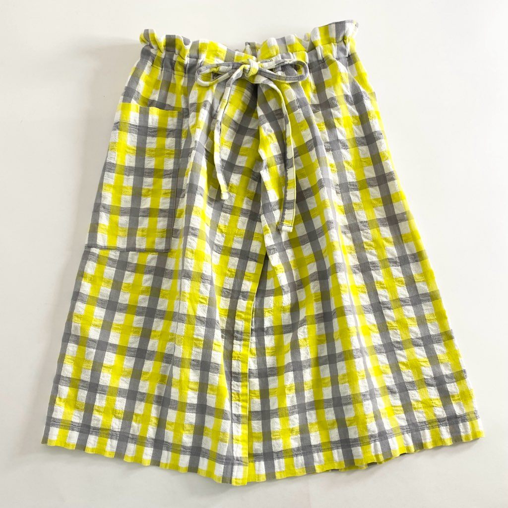 47b5 《美品》 me ISSEY MIYAKE ミーイッセイミヤケ 台形スカート フレアスカート ウエストベルト付き M182FG691 イエロー グレー コットン100% レディース