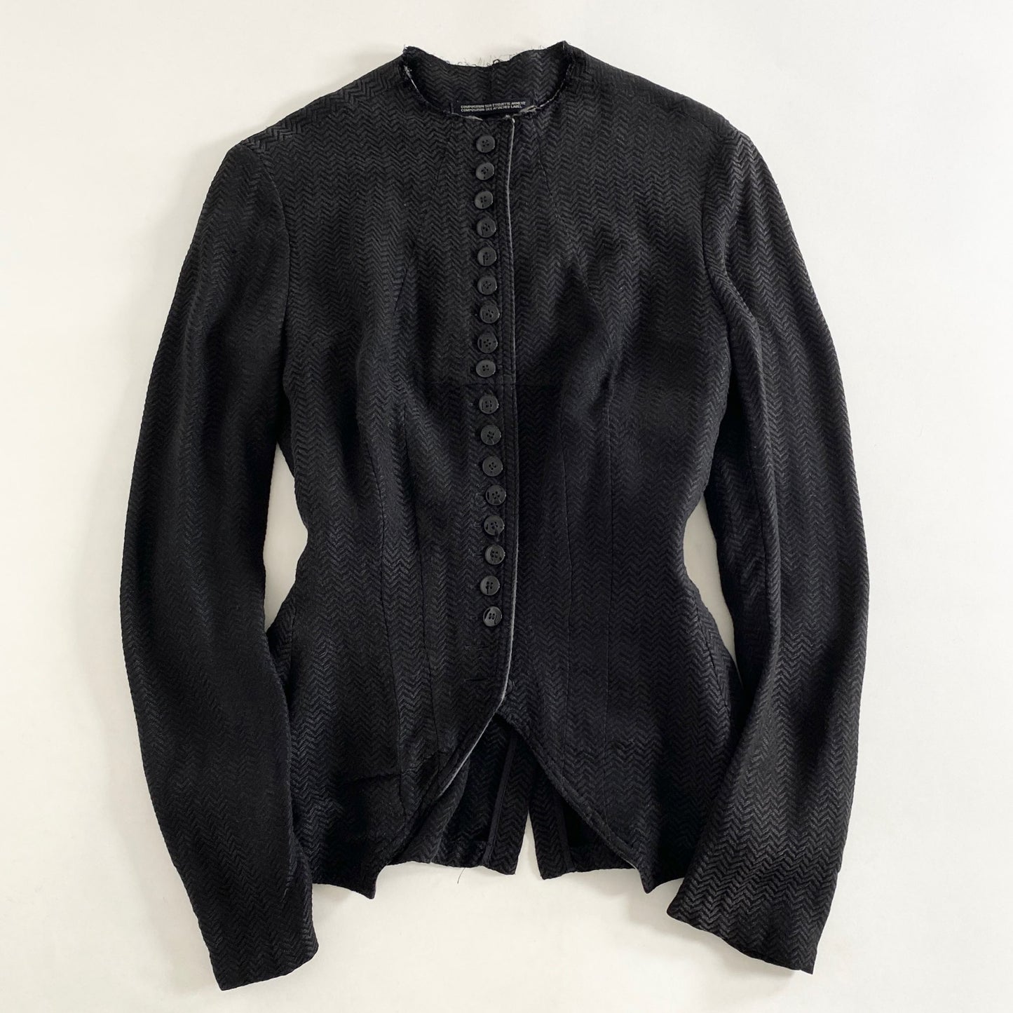 26L15 Yohji Yamamoto ヨウジヤマモト 襟カット ヘリンボーンジャケット S~M相当 ブラック リネン混 日本製 連ボタン