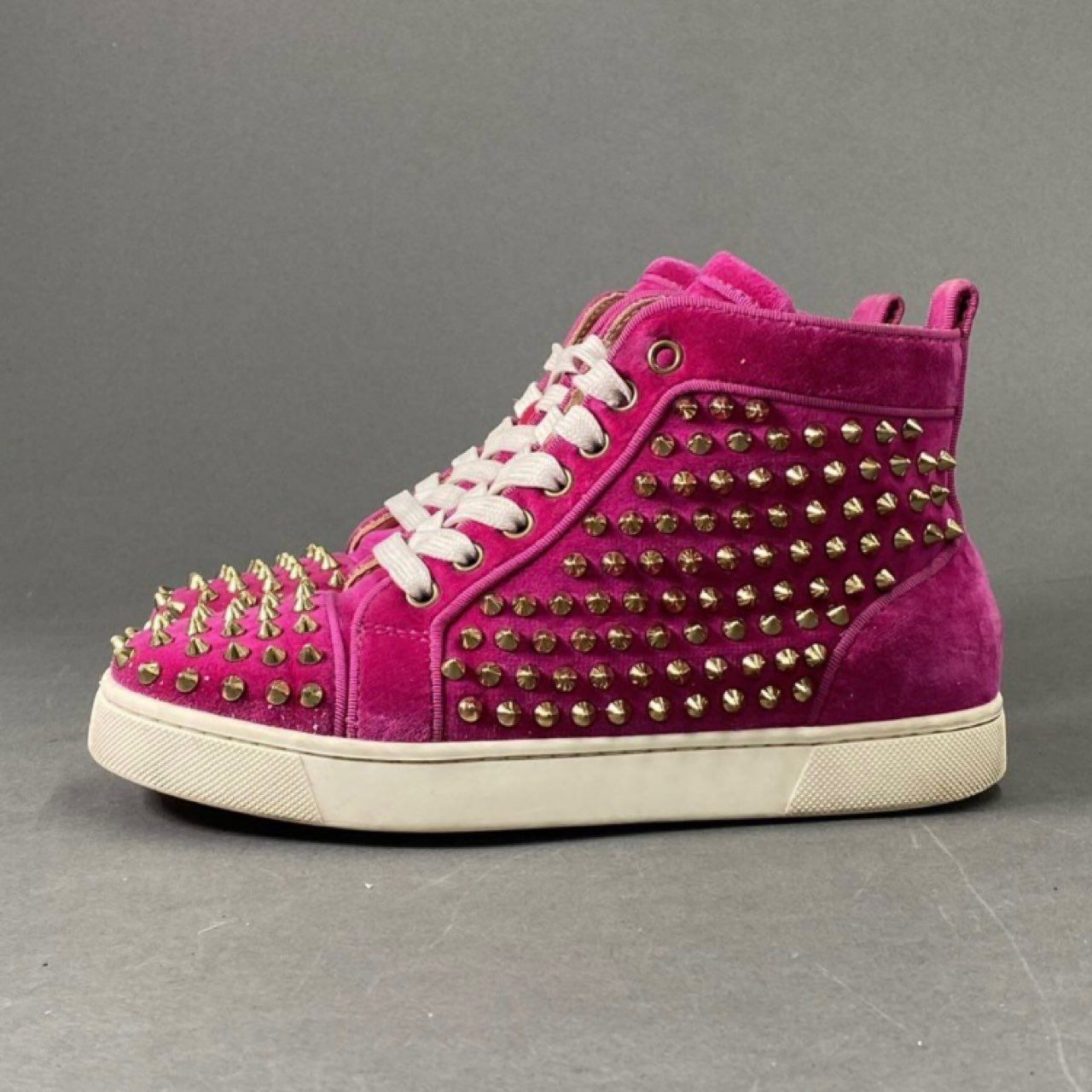 2j20 Christian Louboutin クリスチャンルブタン スタッズ ベロア ハイカットスニーカー 35 1/2 ピンク パープル シューズ