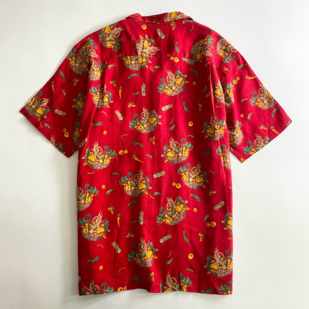 22b25-2 Papas パパス リネン アロハシャツ L レッド LINEN ALOHA SHIRT HAWAII ハワイ 半袖 オープンカラー