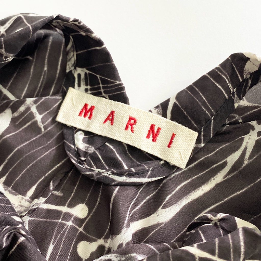 53b25 MARNI マルニ シルク100% ノースリーブワンピース 38 ブラウン フリル ドレス イタリア製 フリル
