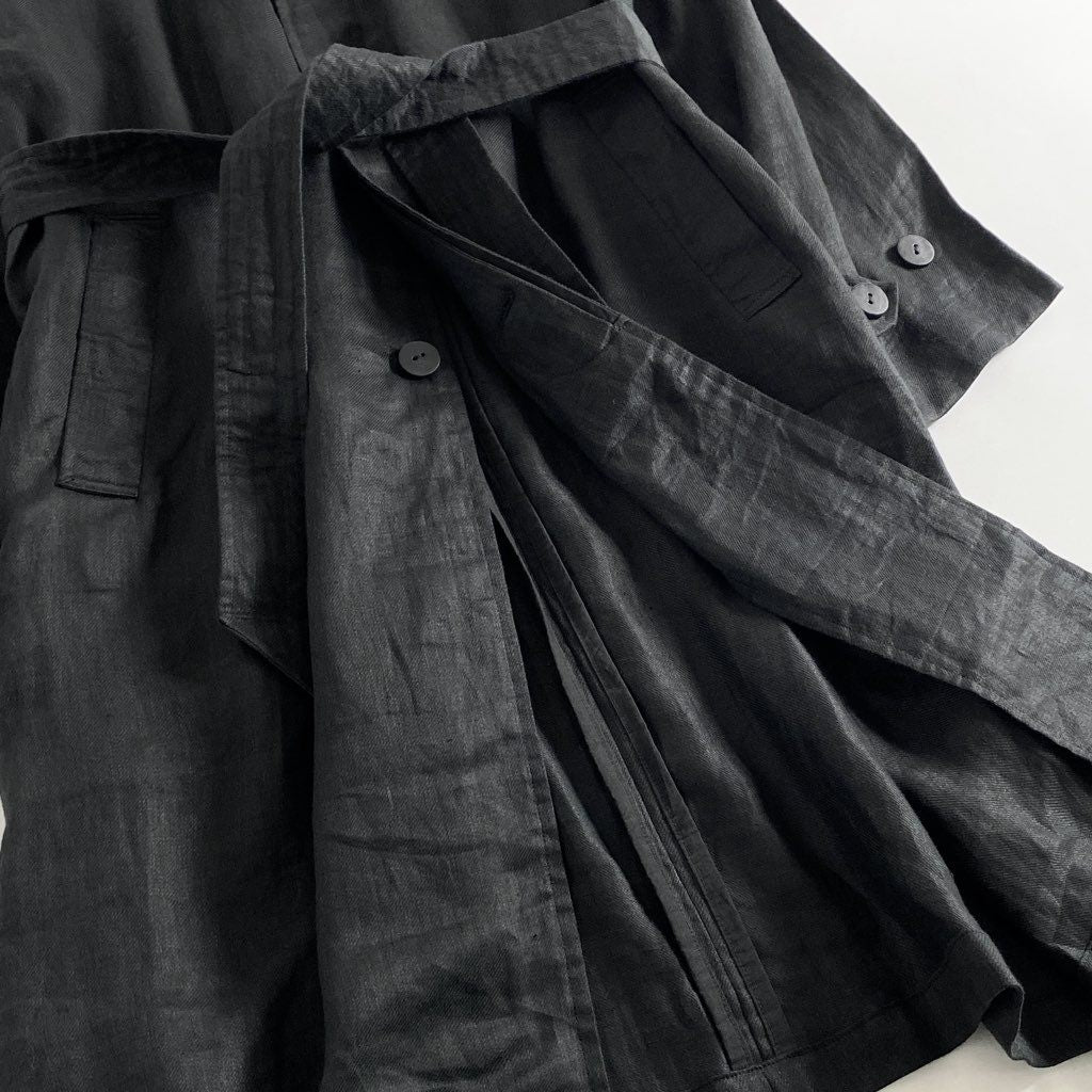 36c2 《極美品》 定価¥39,600 EASY TO WEAR イージートゥウェア リネンステンカラーコート 46 ブラック タグ付 スプリングコート 麻 春