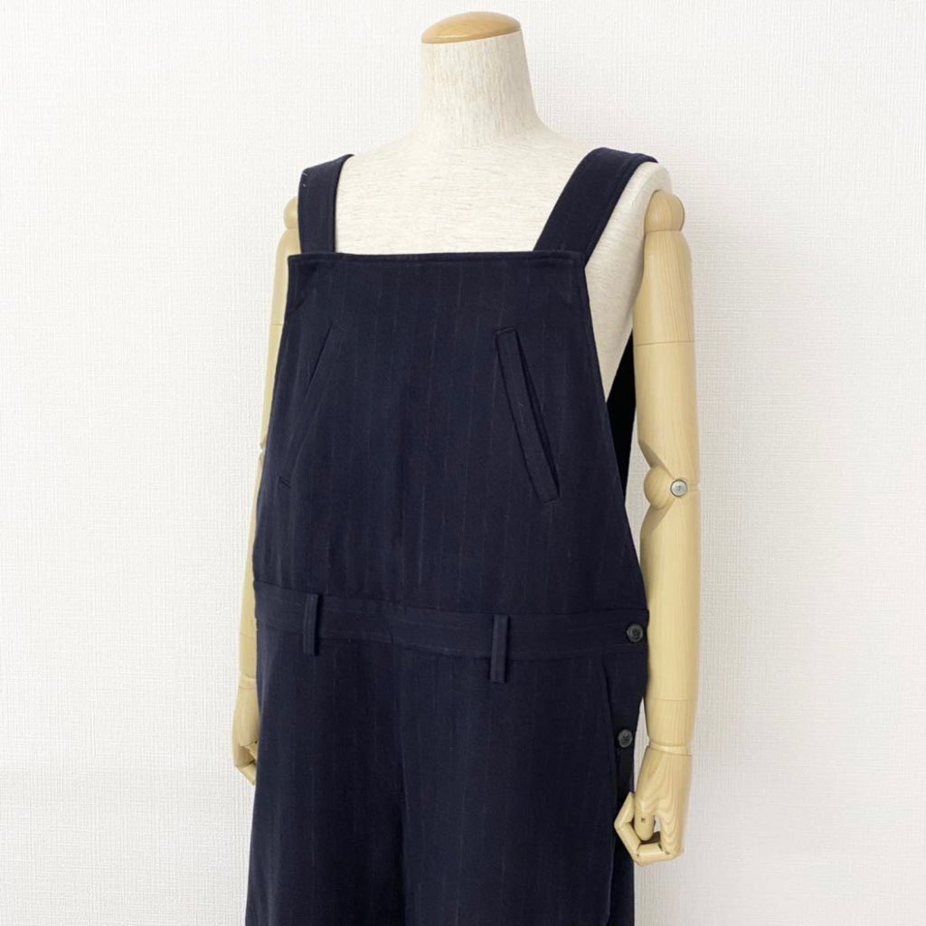 66j29 《美品》 URU ウル WOOL OVERALL オーバーオール 21FWS02 サイズ3 メンズ ピンストライプ サロペット ツナギ ネイビー ウール100%