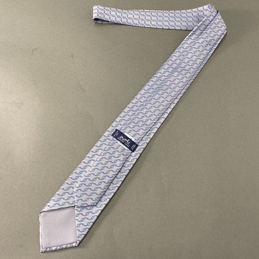 39b6-12 HERMES エルメス 総柄 シルクネクタイ ビジネス フォーマル SILK フランス製 605832 IA グレー ブルー シルク100%