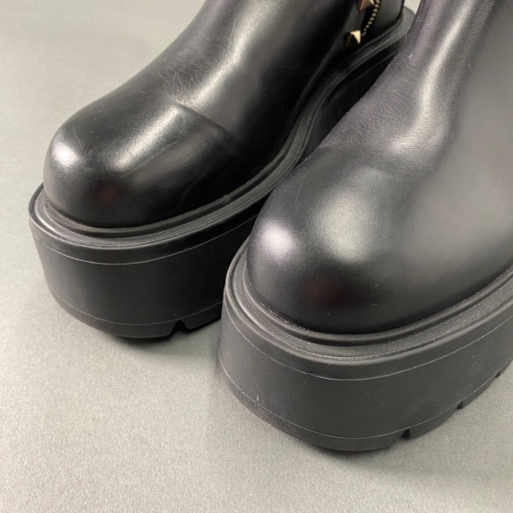 3a31 VALENTINO ヴァレンティノ NERO 厚底 ロックスタッズ サイドジップ アンクル ブーツ ショート 37 ブラック レザー