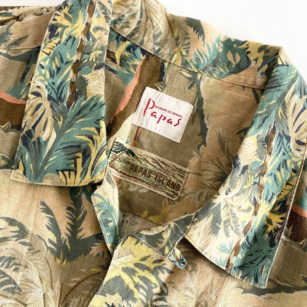 25b5-3 日本製 Papas パパス 半袖シャツ アロハシャツ 総柄シャツ 開襟シャツ L マルチカラー リネン100% メンズ
