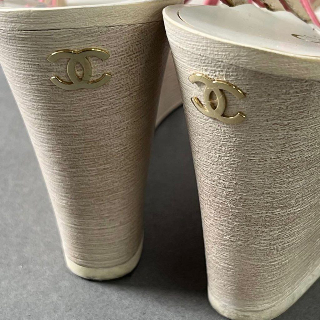 6f8 イタリア製 CHANEL シャネル ウェッジソール アンクルストラップ サンダル ココマーク レザー 36 1/2 ピンク レディース 女性用