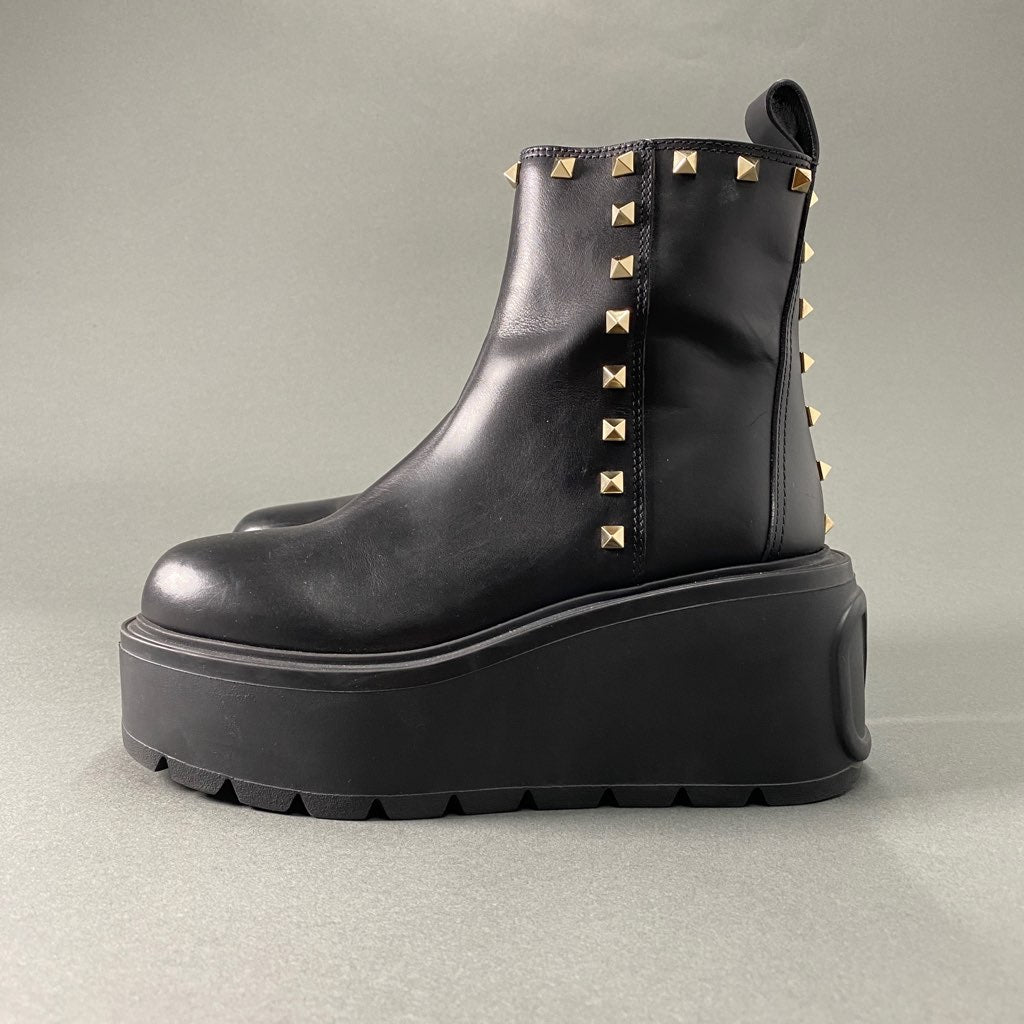 3a31 VALENTINO ヴァレンティノ NERO 厚底 ロックスタッズ サイドジップ アンクル ブーツ ショート 37 ブラック レザー