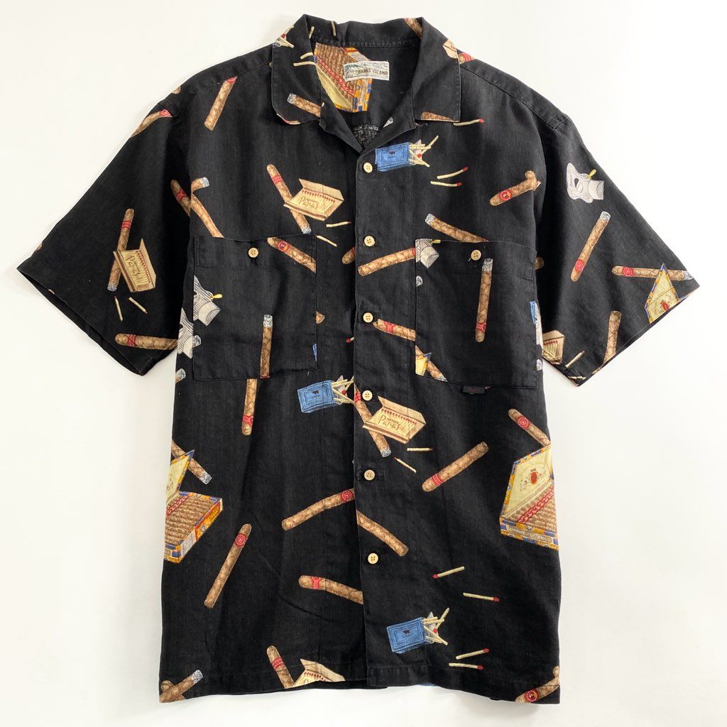 25b5-2 日本製 Papas パパス 半袖シャツ アロハシャツ 葉巻柄 総柄シャツ L ブラック 麻 リネン100% メンズ