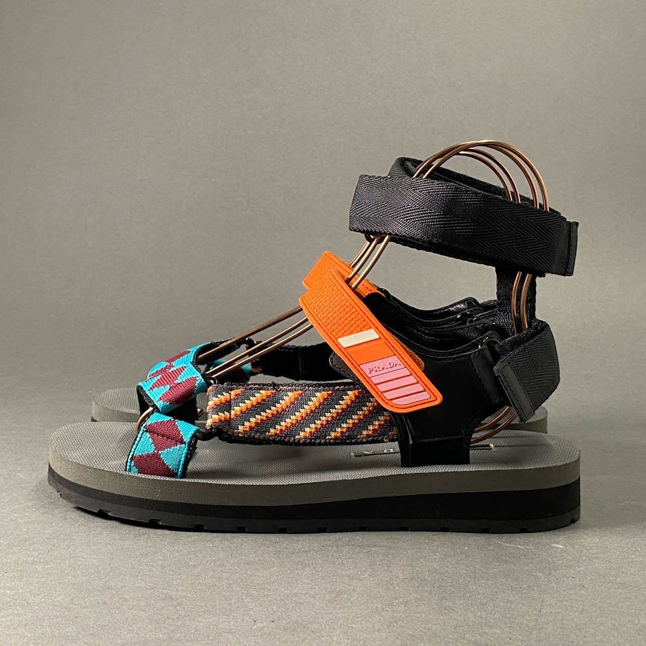 3c9 PRADA プラダ ベルクロストラップ スポーツサンダル 40 ブラック マルチカラー シューズ ビーチサンダル