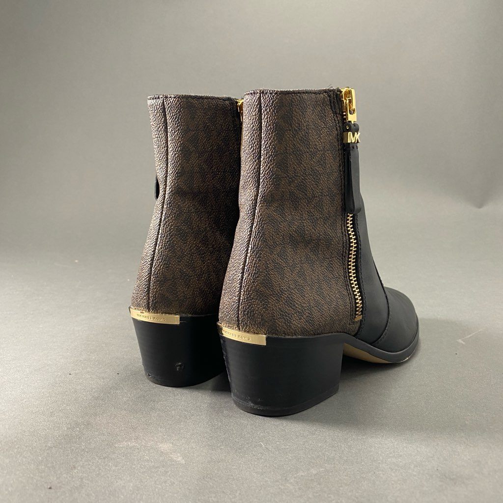2b24 MICHAEL KORS マイケルコース サイドジップブーツ ヒールブーツ シューズ ジップアップ モノグラム柄 7M ブラック ブラウン レザー PVC