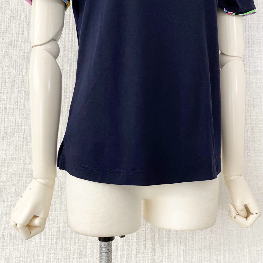 53b4 LEONARD レオナール フラワープリント ポロシャツ 40 ネイビ- トップス 半袖 花柄 日本製 POLO SHIRT