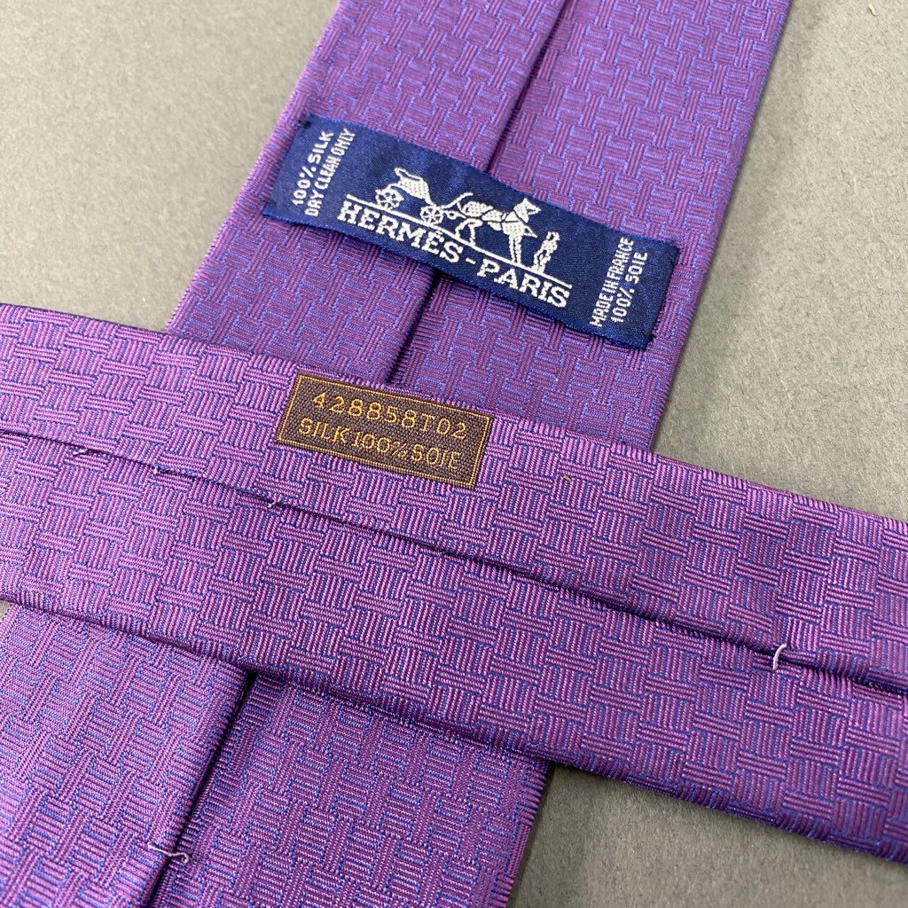 b6-14 HERMES エルメス 刺繍 シルクネクタイ ビジネス フォーマル 編み込みプリント 428858T02 パープル シルク100% SILK フランス製