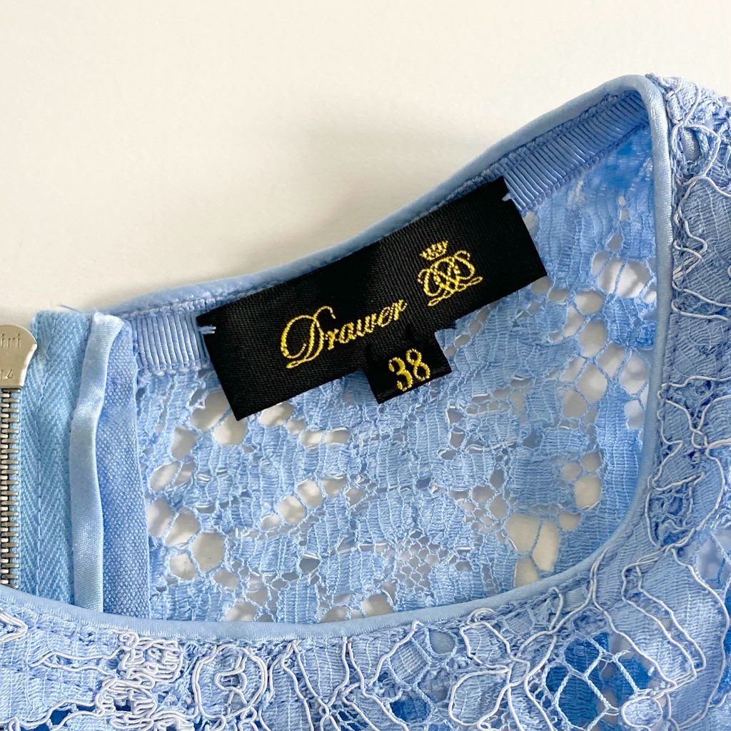 69c10 Drawer ドゥロワー 刺繍 フラワーレーストップ 38 ブルー バックジップ ブラウス 日本製 UNITED ARROWS ユナイテッドアローズ