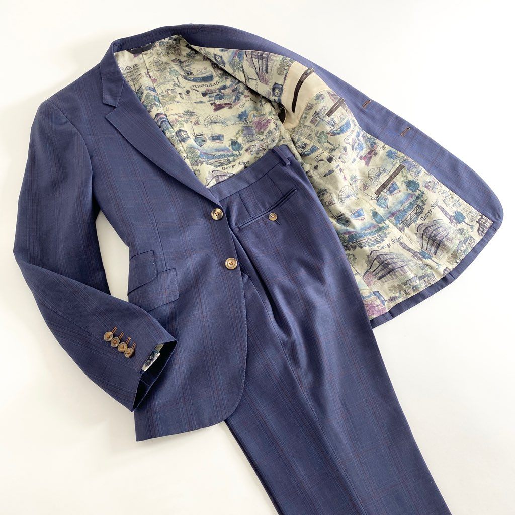 56b12 日本製 Paul Smith COLLECTION ポールスミス コレクション シングルスーツ セットアップ 裏地総柄 サイズL ブルー×レッド チェック ウール100% メンズ
