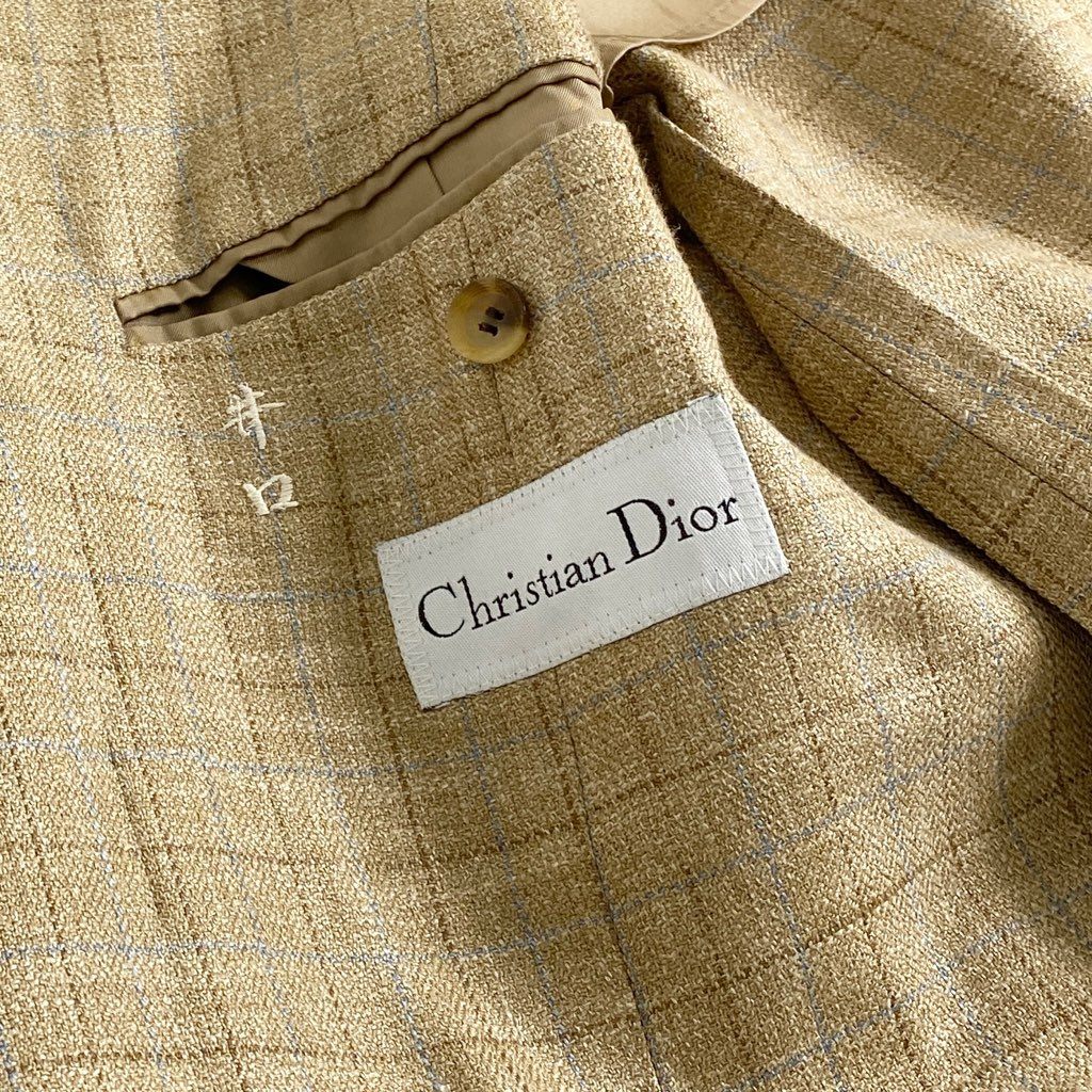 2b3 Christian Dior クリスチャン ディオール チェックテーラードジャケット ブレザー MB ベージュ 羽織 シルク リネン混